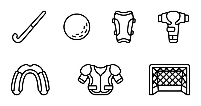 Field Hockey Equipment Icons, Sports Gear Vector Set, Athletic Protection Symbols