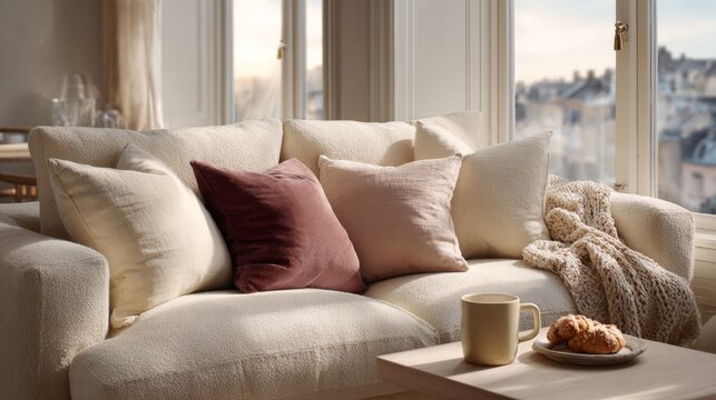 Cozy sofa faces large window with soft light. Pillows in cream, mauve, and blush add warmth. Knitted throw rests casually across the back. Cup and croissant sit invitingly on wooden side table