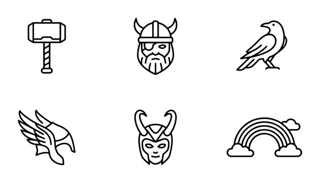 Norse Mythology Icons: Thor's Hammer, Viking, Raven, Helmet, Loki, Rainbow