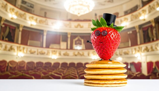 A whimsical strawberry character wearing a top hat and monocle delivers a speech from a stack of pancakes on a stage.