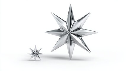 Obraz premium Shiny metallic stars gleam against a clean white background. One star stands tall, the other rests small beside it. Their surfaces reflect light with sharp, precise edges