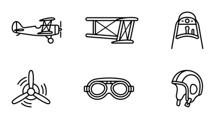 Vintage Aviation Icons: Biplane, Propeller, Goggles, Helmet, Cockpit View, Retro Aircraft Set © Rafia