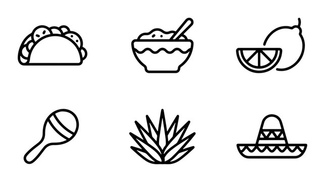 Mexican Food Icons, Cinco de Mayo Symbols, Fiesta Elements, Vector Graphics