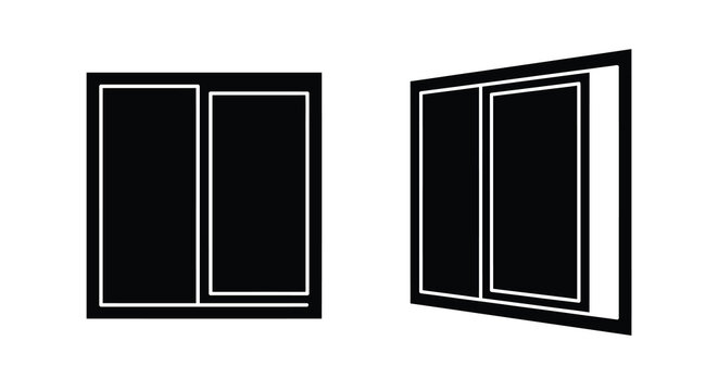 Two rectangular windows in closed and open positions black and white silhouette window double hung casement frame