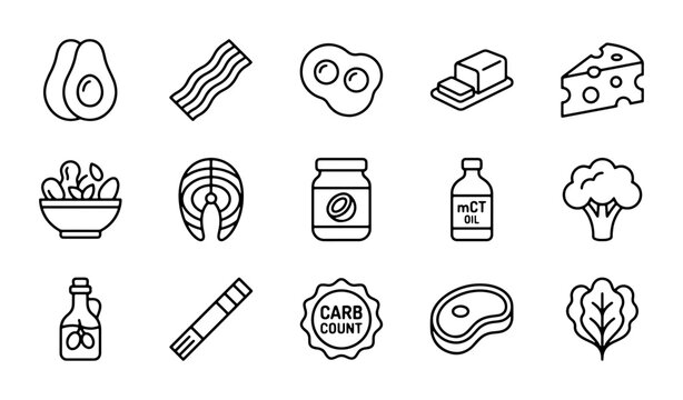 Keto Diet Food Icons, Low Carb Meal Ingredients, Healthy Eating Vector Set