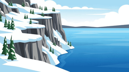 Snow-covered cliffs overlooking a serene blue lake in winter. © Jepry