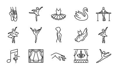 Ballet Icons Set, Elegant Dancer Poses, Tutu, Swan, Stage Elements, Vector Graphics © Mim