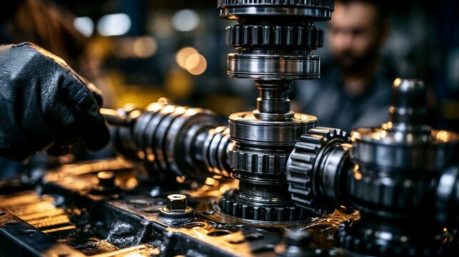 Closeup medium view of a crankdriven oil pump assembly where engineers carefully align rotors for balance and efficiency during the production process.