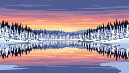 Obraz premium Winter Wonderland Landscape with Snow Covered Trees Reflected in Calm Lake at Sunset.