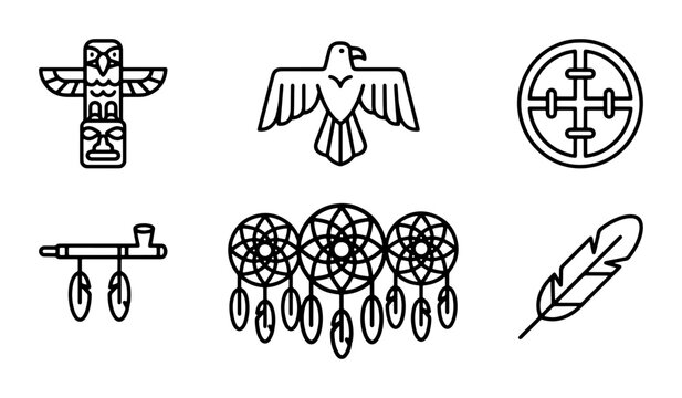 Native American Icons Set: Totem Pole, Thunderbird, Dreamcatchers, Peace Pipe, Feather, Sacred Symbol