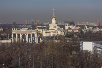 View from the room of the Kosmos hotel in Moscow at the VDNKh. View of the historical center of Moscow. Exhibition of achievements of the national economy.