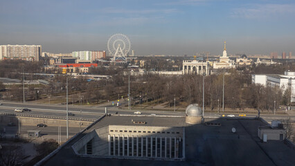 View from the room of the Kosmos hotel in Moscow at the VDNKh. View of the historical center of Moscow. Exhibition of achievements of the national economy.