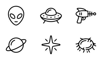 Retro Sci-Fi Icons: Alien, UFO, Ray Gun, Planet, Starburst, Space Object Vector Set © Mim