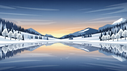 Obraz premium Serene Winter Landscape with Snow-Covered Trees and Reflective Lake at Sunset.