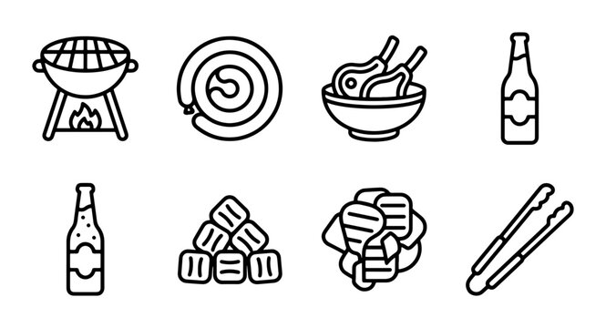 Barbecue Icons Set: Grill, Sausage, Meat, Beer, Tongs, Charcoal, Food Vector Graphics