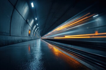 Fototapeta premium Dynamic scene of a train rushing through a tunnel with blue-toned lighting