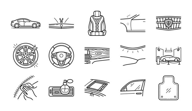 Car Interior Icons Set: Automotive Detailing, Comfort, and Maintenance Vector Graphics
