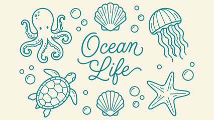 Ocean Life Illustration: A charming hand-drawn illustration depicting various marine creatures like an octopus, jellyfish, sea turtle, and starfish. © jonty