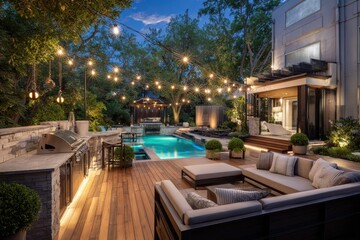 Obraz premium Elegant backyard oasis with stone countertops, outdoor dining, comfortable sofas, and a bright blue pool