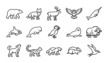 Arctic Animals Vector Icons Set, Polar Wildlife Illustrations, Cold Climate Creatures Collection © Md