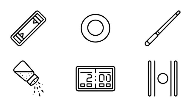 Kitchen Tools Icons: Salt Shaker, Timer, Whisk, Plate, Knife Sharpener, Measuring Spoons