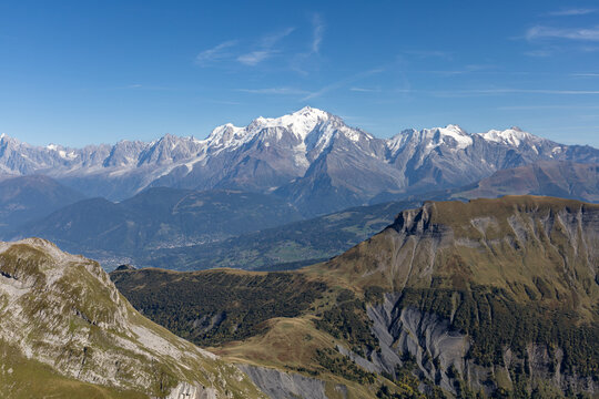 Wide alpine panorama from Trou de la Mouche with views of Mont Blanc in the French Alps , Haute-Savoie