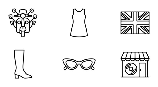 Retro 60s Icons: Scooter, Mod Dress, Union Jack, Boots, Sunglasses, Record Store