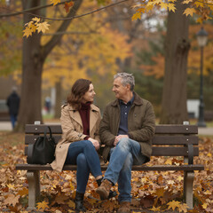 Fototapeta premium Couple Enjoying Autumn on Park Bench with Falling Leaves