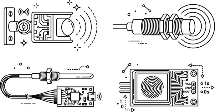 Electronic sensor module line art icon set doodle vector illustration with fingerprint biometric motion temperature proximity engineering concept