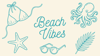 Beach Vibes Collection: A charming set of hand-drawn beach icons, including a bikini top, octopus, starfish, eyeglasses, and a palm leaf, all set against a soft, creamy background. © jonty