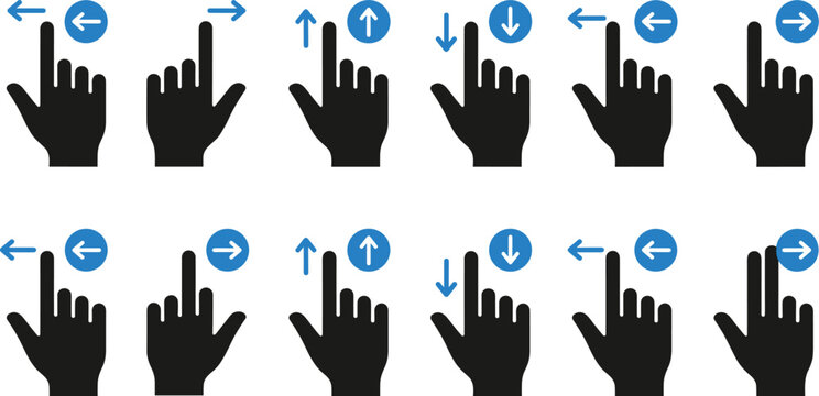 Touchscreen Gesture Icon Collection Showing Finger Swipe Directions with Arrows for Digital Interface and Mobile Navigation
