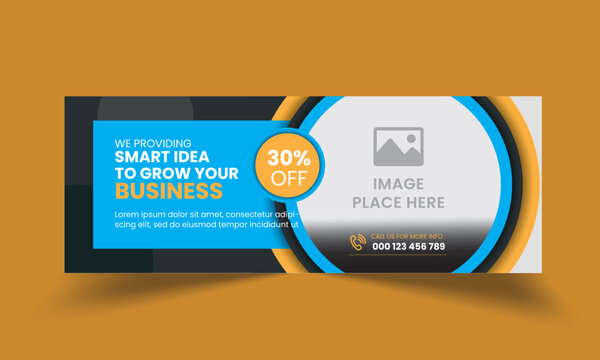 Corporate business web banner design with geometric circular shapes and bright blue and orange colors.