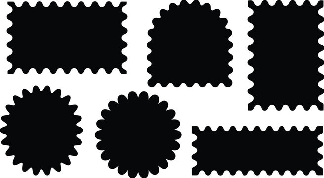 Set of black blank postage stamp frames and scalloped edge sticker silhouettes vector illustration collection isolated on white background.