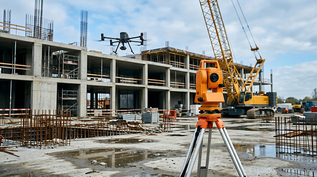 Construction site surveying with drone and total station for accurate building progress monitoring