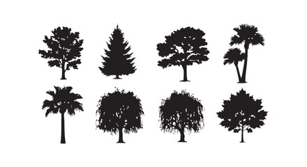 Fototapeta premium Set of eight diverse tree silhouettes including fir, oak, palm, and maple, representing various species.