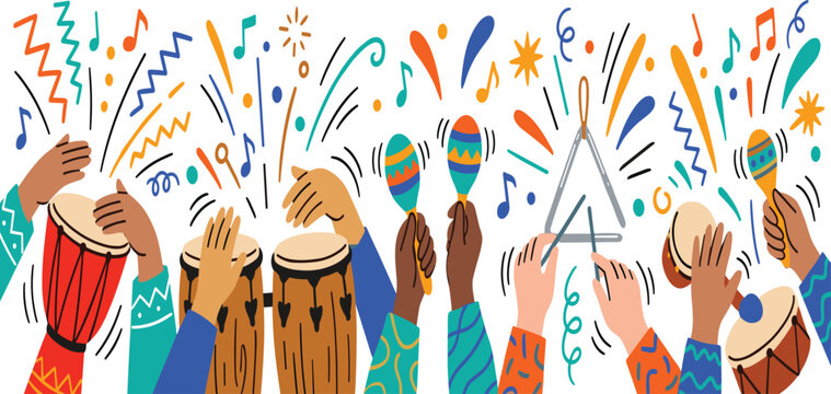 Colorful percussion music background doodle banner with hands playing drums maracas and triangle vector
