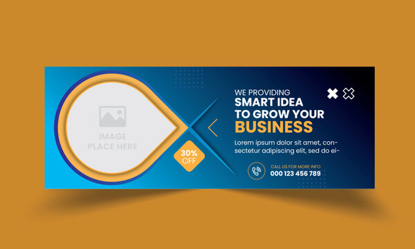 Creative dark business banner with teardrop geometric frame and tech inspired graphic elements.