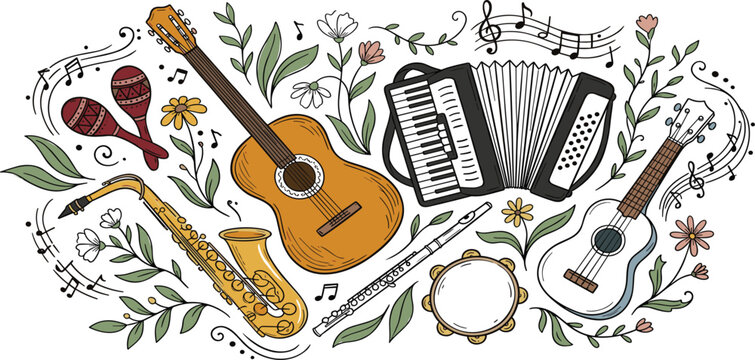 Hand drawn music instruments background doodle with guitar accordion saxophone floral ornaments notes vector
