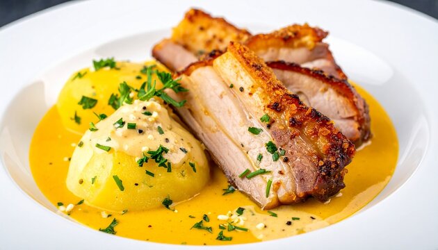 Roasted schweinebraten slices. Juicy pork belly with crunchy skin served alongside yellow mustard sauce and potato salad, traditional Bavarian cuisine.