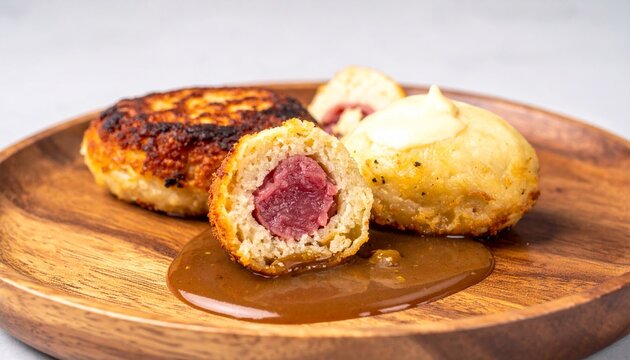 Deep fried meat rissoles. Crispy golden potato patties filled with savory minced beef steak and melting herb butter, gourmet restaurant entree photo.