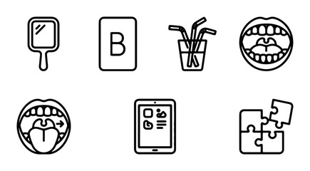 Oral Health Icons Set: Mouth, Mirror, Straws, Tablet, Puzzles, Letter B, Vector Graphics © Sohana