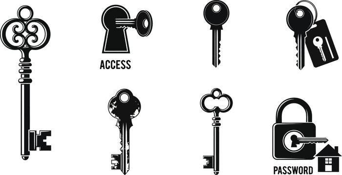 Various keys and locks with access and password, black and white