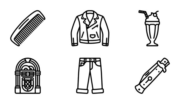 Retro 50s Icons: Jukebox, Leather Jacket, Comb, Milkshake, Jeans, Switchblade