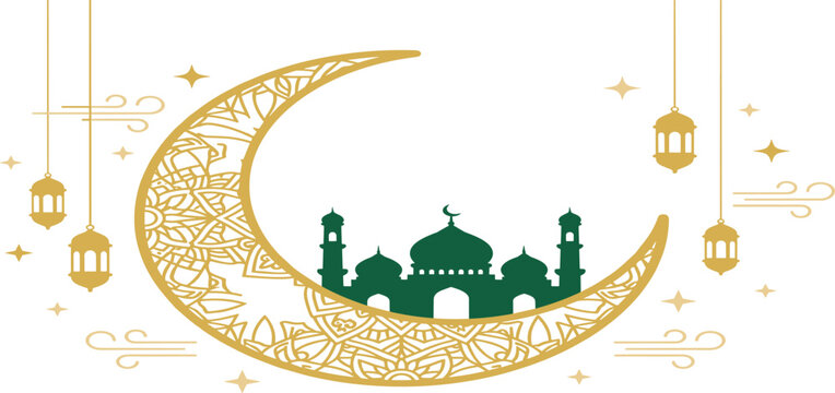 Islamic holiday background banner with green mosque silhouette inside golden mandala crescent moon vector