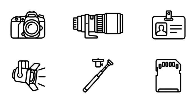 Photography Icons Set: Camera, Lens, ID Badge, Spotlight, Selfie Stick, SD Card