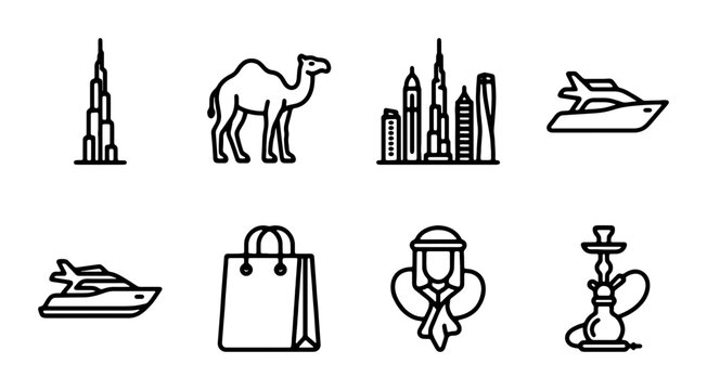 Dubai Icons: Skyline, Camel, Yacht, Shopping Bag, Traditional Man, Hookah Vector Set