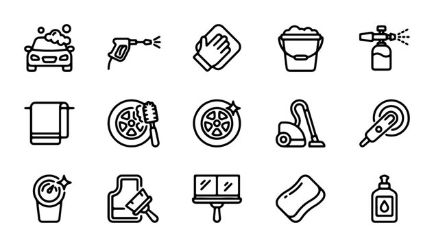 Car Wash Icons Set, Automotive Cleaning Tools, Vehicle Detailing Equipment, 15 Vector Elements