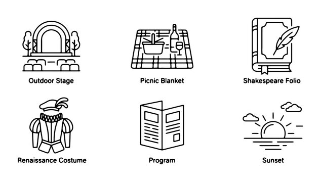Outdoor Stage, Picnic Blanket, Shakespeare Folio, Renaissance Costume, Program, Sunset Icons: 6 Vector Elements
