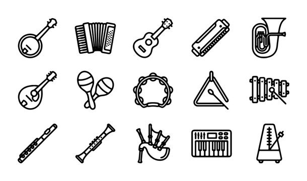 Musical Instruments Icon Set, Vector Graphics Collection, Diverse Sound Equipment, Black and White Line Art