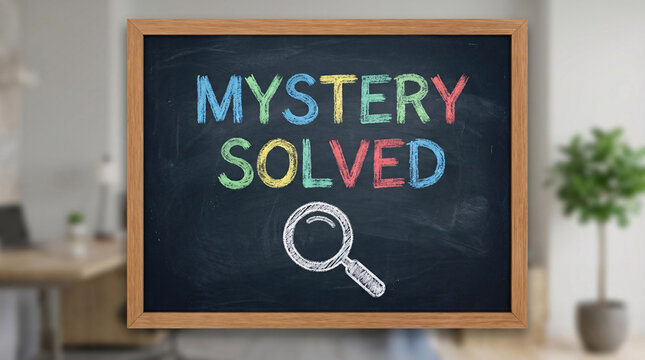 Blackboard with colorful chalk writing "MYSTERY SOLVED" and a hand drawn magnifying glass in office background